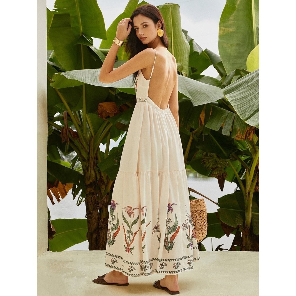 Commense Backless Floral Maxi Dress  Cream Sleeveless Vacation Summer size S